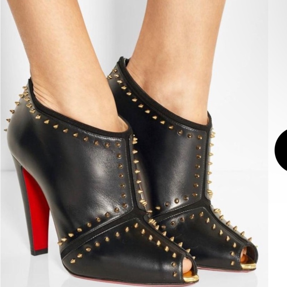 Christian louboutin carapachoc black studded peep toe ankle boot heels 36 1/2